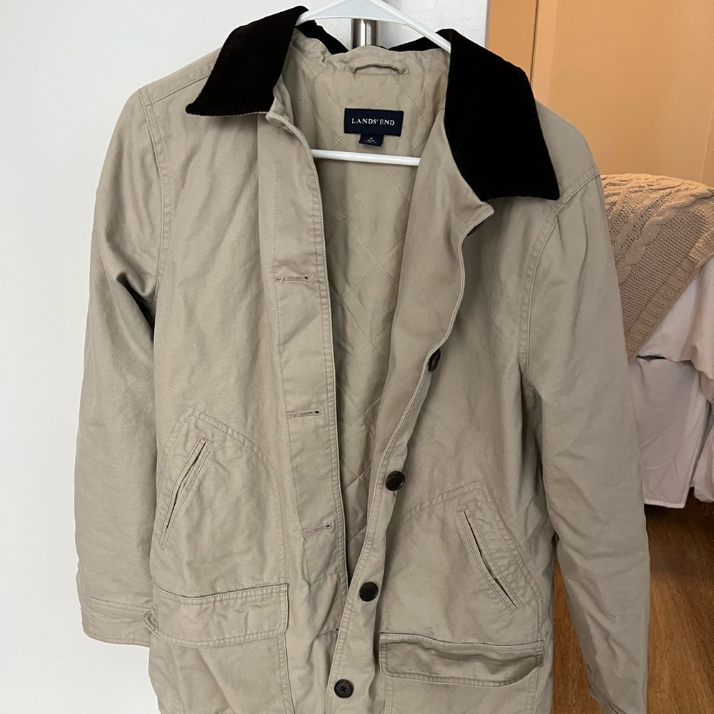 Women’s tan button up jacket with brown corduroy collar